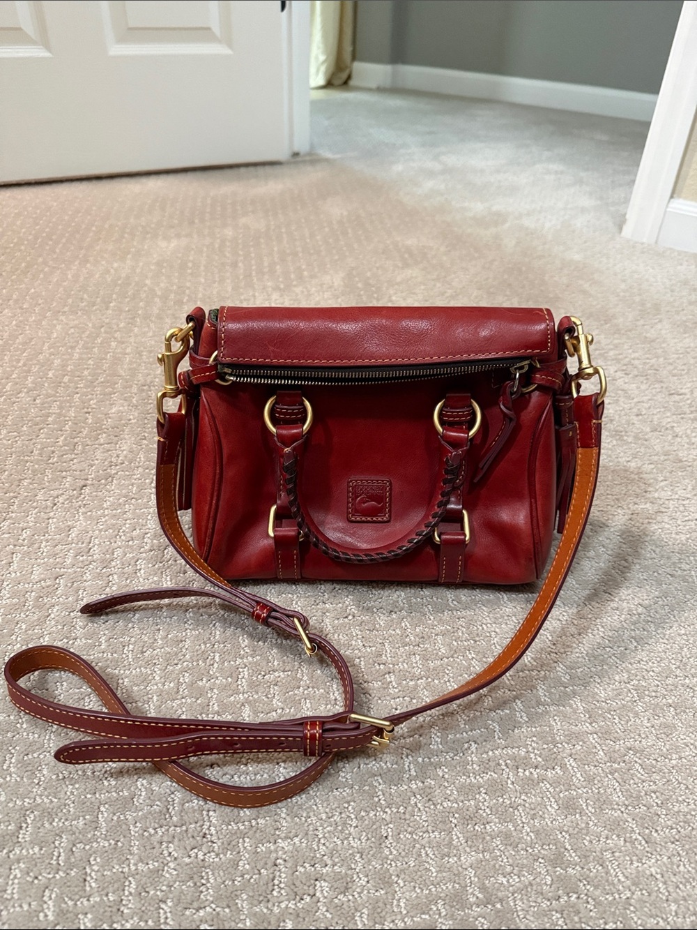 Dooney & Bourke Red Leather Crossbody Satchel with Brown Accents